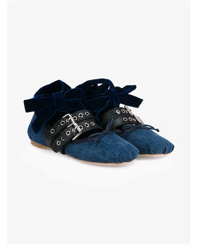 Shop Miu Miu Velvet, Leather & Denim Ballerina Flats