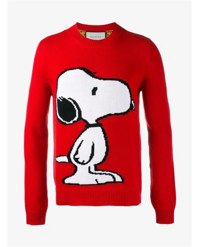Gucci Snoopy Intarsia Wool Crew-neck Jumper In Red Wool