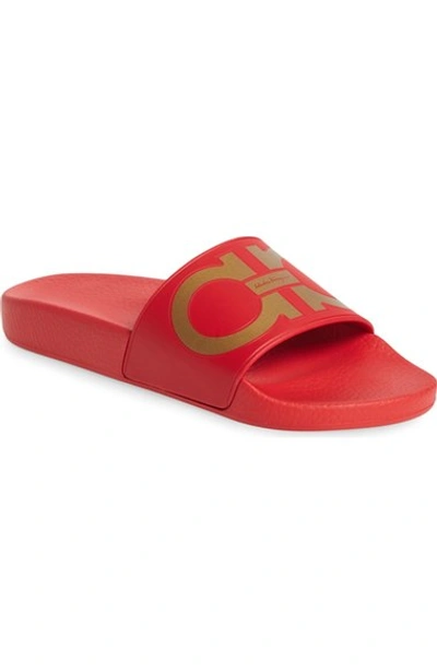 Shop Ferragamo 'groove' Slide Sandal (women) In Red/ Gold