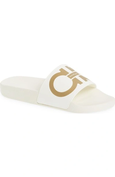 Shop Ferragamo 'groove' Slide Sandal (women) In White/ Gold