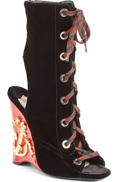 Shop Prada Embellished Wedge Lace-up Sandal (women) In Black/ Red Suede