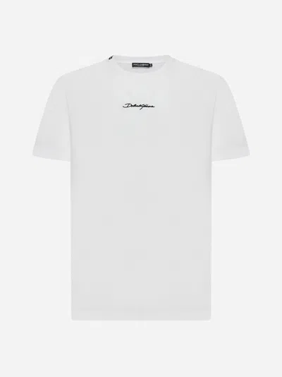 Dolce & Gabbana White Crewneck T-shirt With Signature Logo In Cotton Man In White