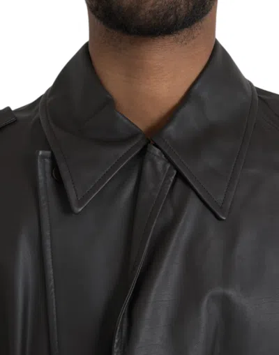 Bottega Veneta Black Leather Men Waterproof Trenchcoat Jacket In Black