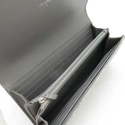 Pre-owned Chanel Light Gray Canvas Leather Long Wallet (bi-fold) ()