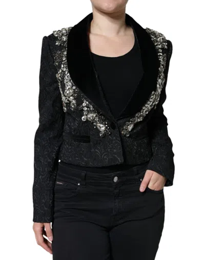 Dolce & Gabbana Black Jacquard Crystal Floral Jacket Blazer In Black