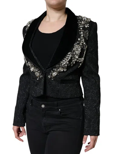 Dolce & Gabbana Black Jacquard Crystal Floral Jacket Blazer In Black