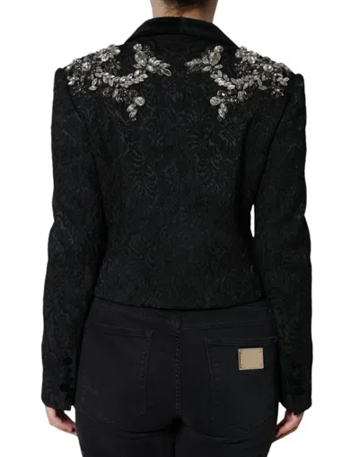 Dolce & Gabbana Black Jacquard Crystal Floral Jacket Blazer In Black