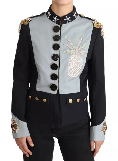 Dolce & Gabbana Blue Button Crystal Embellished Cotton Jacket In Blue