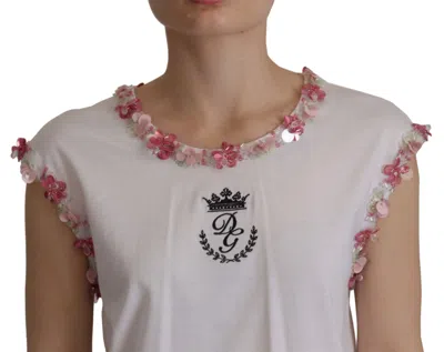 Dolce & Gabbana White Dg Crown Floral Sequin T-shirt In White