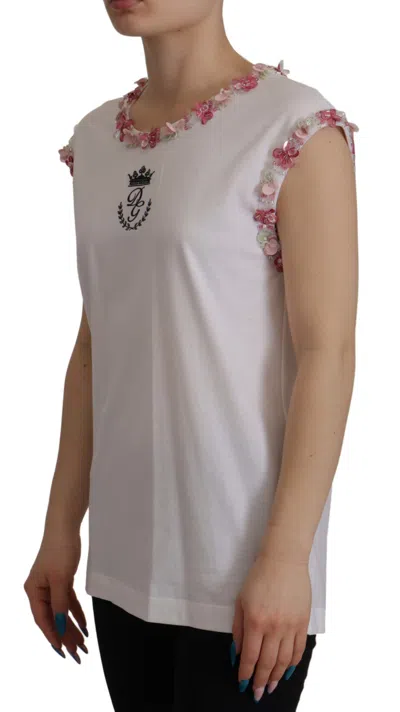 Dolce & Gabbana White Dg Crown Floral Sequin T-shirt In White