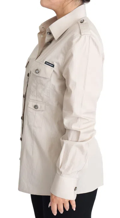 Dolce & Gabbana Beige Poplin Safari Fitted Pocket Shirt Top In Beige