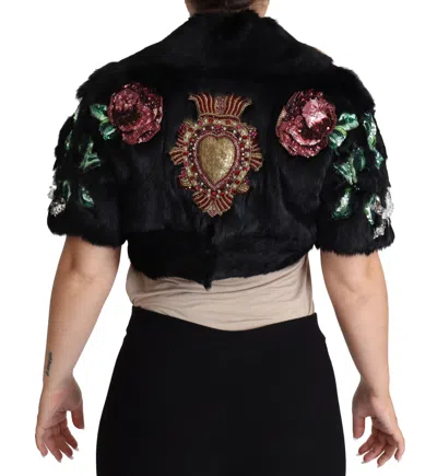 Dolce & Gabbana Elegant Black Rabbit Fur Crystal Jacket In Black