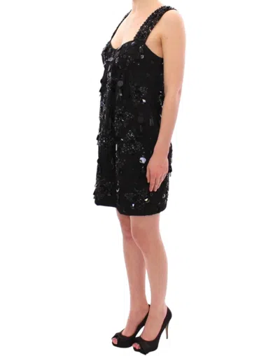Dolce & Gabbana Elegant Sequined Floral Mini Shift Dress In Black