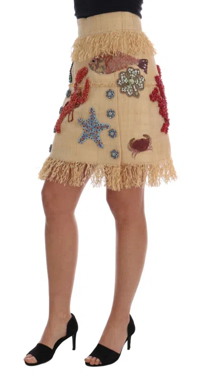 Dolce & Gabbana Crystal Beige Palm Fiber Skirt In Beige