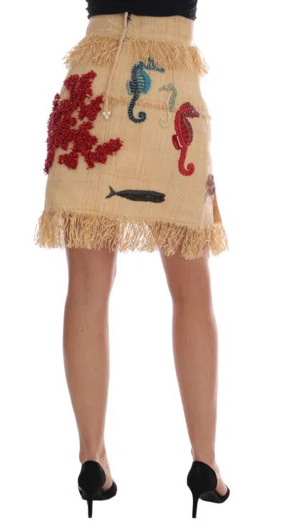 Dolce & Gabbana Crystal Beige Palm Fiber Skirt In Beige