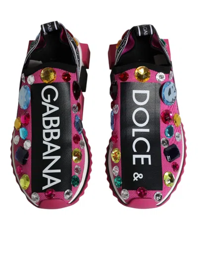 Dolce & Gabbana Pink Sorrento Crystals Low Top Sneakers Shoes In Pink