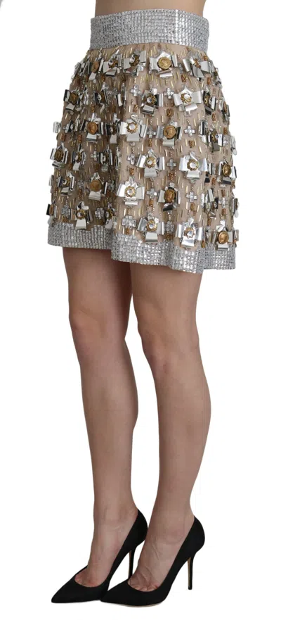 Dolce & Gabbana Silver Silk Crystal High Waist Mini Skirt In Silver