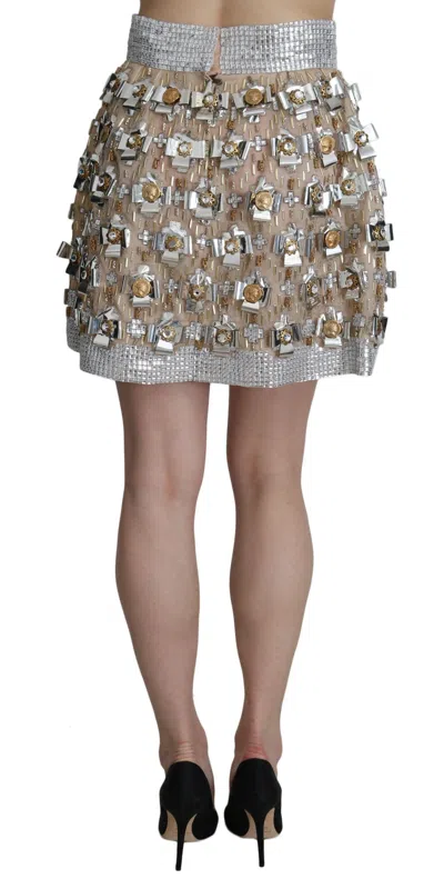 Dolce & Gabbana Silver Silk Crystal High Waist Mini Skirt In Silver