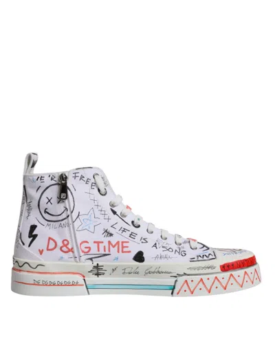 Dolce & Gabbana White Cotton Graffiti High Top Sneaker Shoes In White