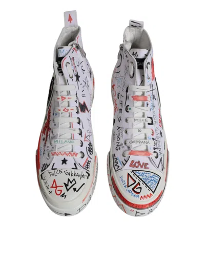 Dolce & Gabbana White Cotton Graffiti High Top Sneaker Shoes In White