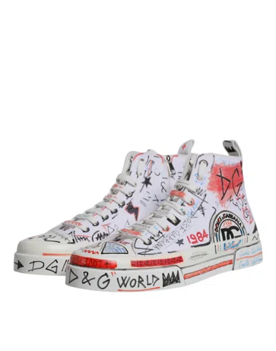 Dolce & Gabbana White Cotton Graffiti High Top Sneaker Shoes In White
