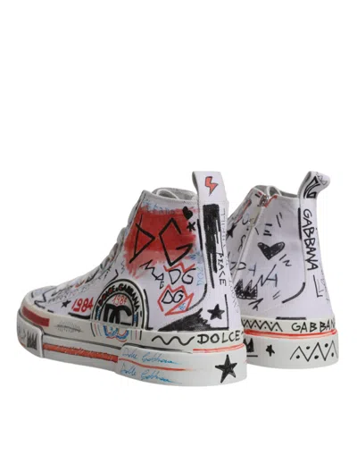 Dolce & Gabbana White Cotton Graffiti High Top Sneaker Shoes In White