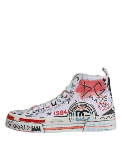Dolce & Gabbana White Cotton Graffiti High Top Sneaker Shoes In White