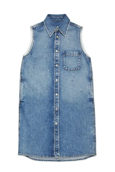 Mm6 Maison Margiela Denim Maxi Shirt Dress With Color Spots In Blue