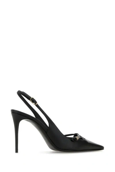 Dolce & Gabbana Leather Slingback With Metal Monogram In Black