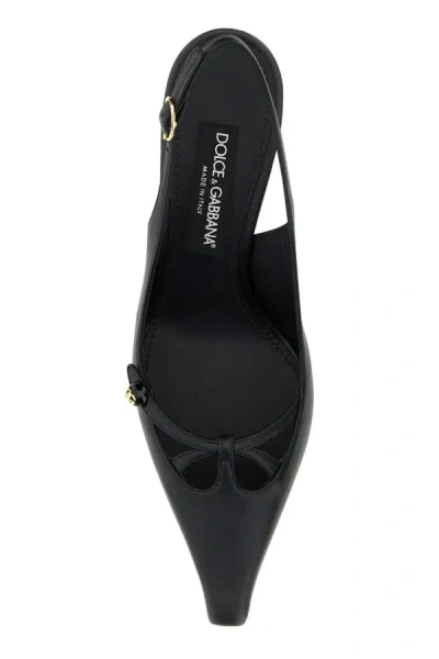 Dolce & Gabbana Leather Slingback With Metal Monogram In Black