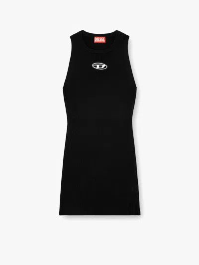 Diesel Ribbed Black Sleeveless Mini Dress With Logo Detail In Black