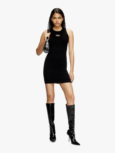 Diesel Ribbed Black Sleeveless Mini Dress With Logo Detail In Black