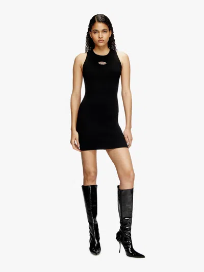 Diesel Ribbed Black Sleeveless Mini Dress With Logo Detail In Black