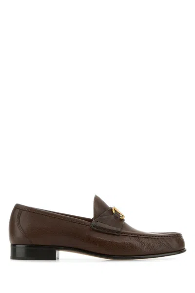 Valentino Brown Leather Vlogo Loafers In Barkbrown