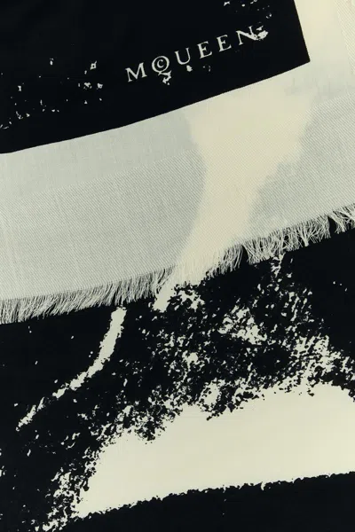 Alexander Mcqueen Unique Print Silk Blend Scarf In Ivoryblack