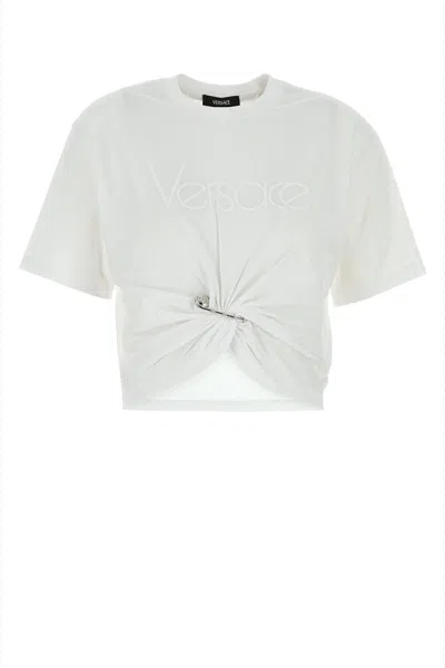 Versace Cotton Logo T-shirt With Ruched Knot Detail In Opticalwhite