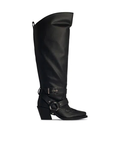 Ganni Black High Shaft Embroidered Western Tall Boots In Black