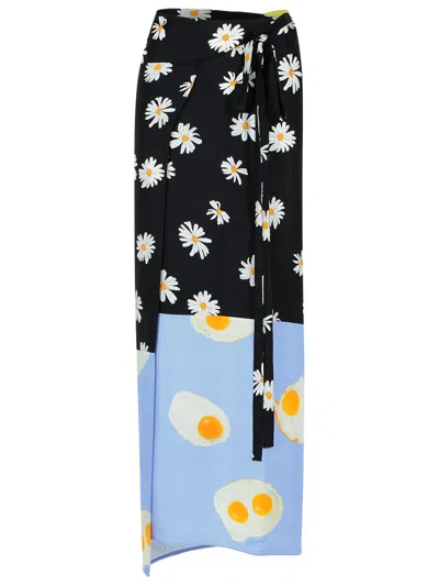 Moschino Long Wrap Skirt With Floral And Egg Print In Multicolor