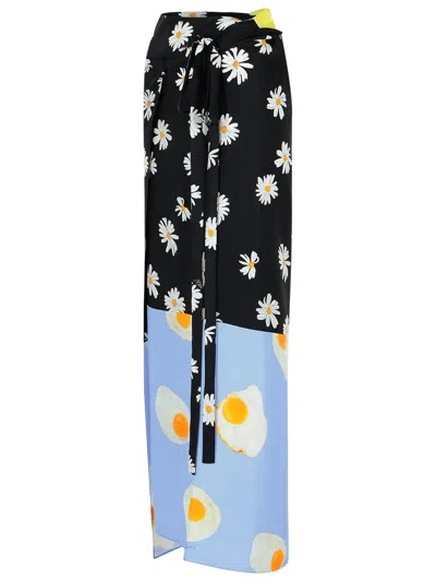Moschino Long Wrap Skirt With Floral And Egg Print In Multicolor