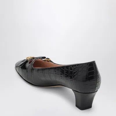 Valentino Garavani Bow Detail Black Crocodile-embossed Leather Heels In Black