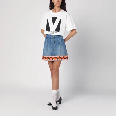 Valentino Garavani Denim Mini Skirt With Jacquard Trim In Blue