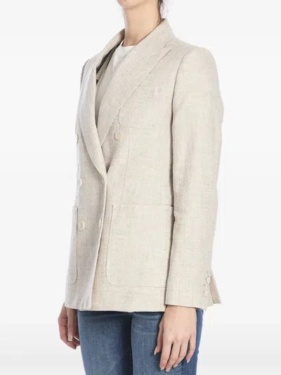 Max Mara Linen Blend Double-breasted Jacket With Chest Pocket In Neutrals