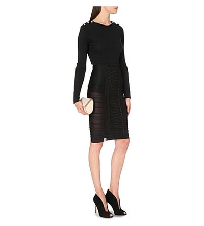 Shop Balmain Lace-up Stretch-knit Pencil Skirt In Noir