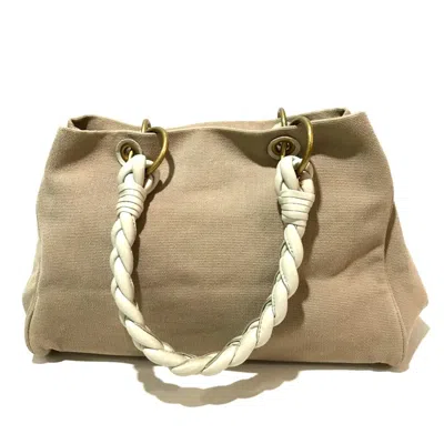 Pre-owned Bottega Veneta Beige Ivory Canvas Leather Shoulder Bag Tote Bag () In Beige, Ivory
