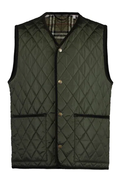 Burberry Quilted Green Gilet With Distinctive Button Closure In Green