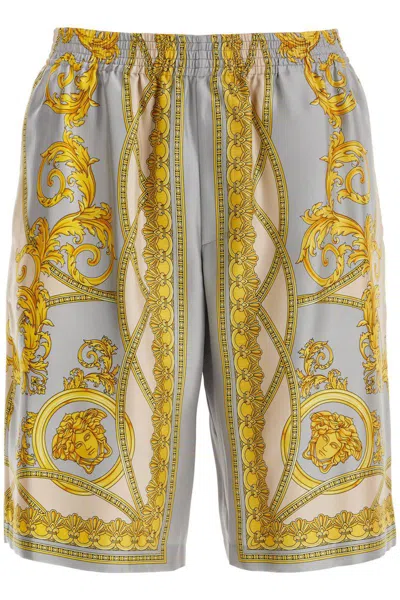 Versace La Coupe Des Dieux Print Silk Shorts In Grey