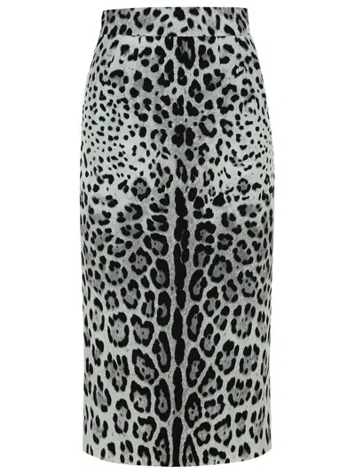 Dolce & Gabbana Leopard Print Charmeuse Longuette Skirt In Grey