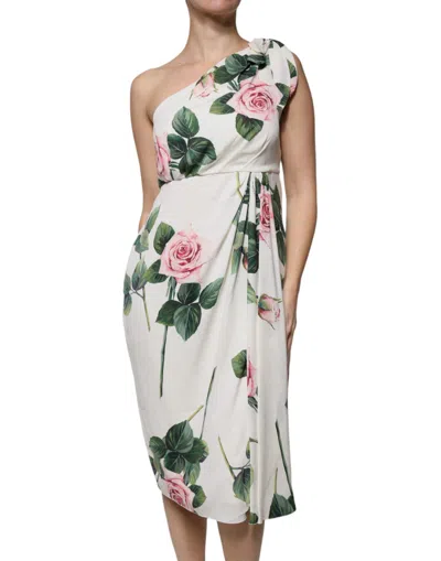 Dolce & Gabbana White Floral Silk One Shoulder Midi Dress In White