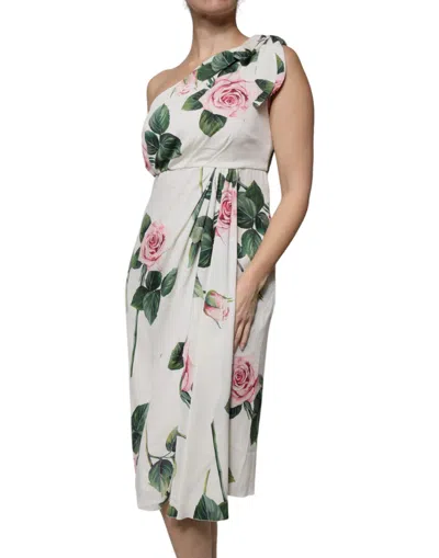 Dolce & Gabbana White Floral Silk One Shoulder Midi Dress In White