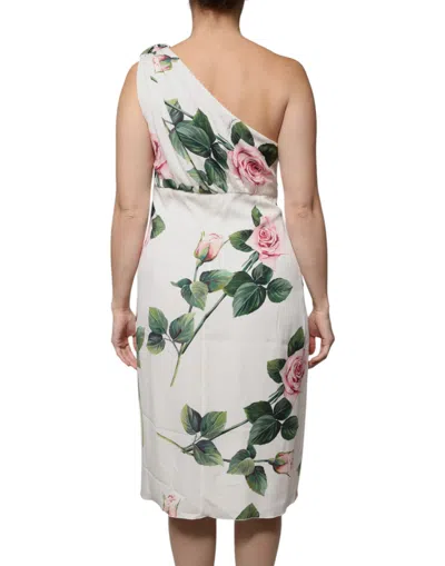 Dolce & Gabbana White Floral Silk One Shoulder Midi Dress In White